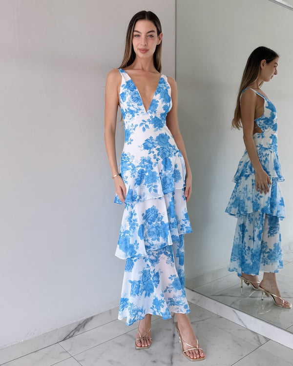 Baby Blue Floral V Neck Midii Dress
