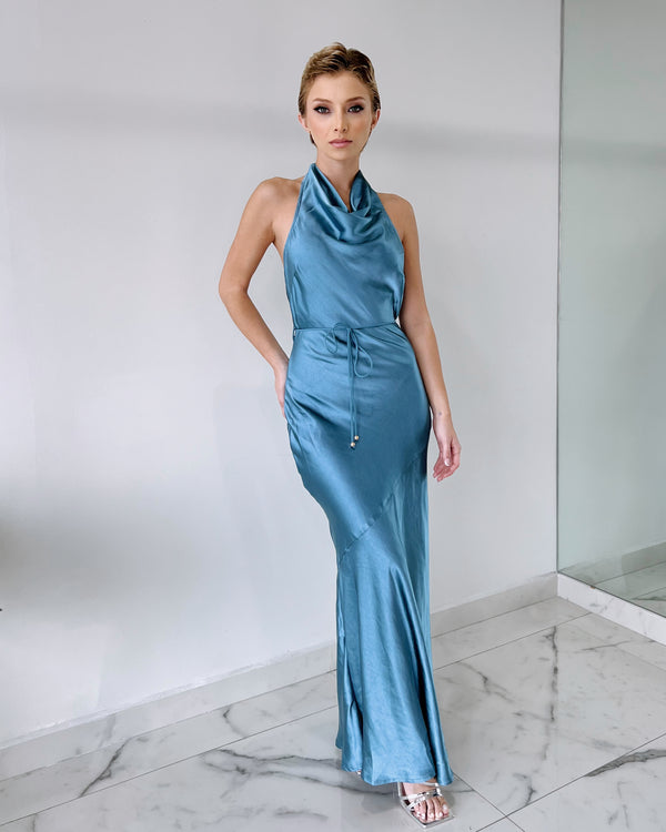 Baby Blue Bodycon Silk Gown Dress IKL BOUTIQUE