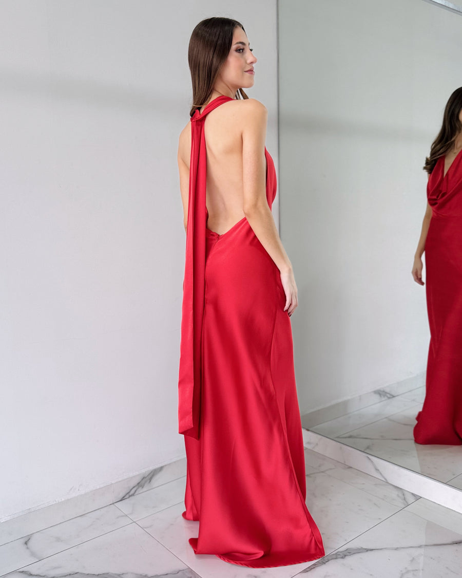 LD10664 Red Halter Open Back Gown Dress