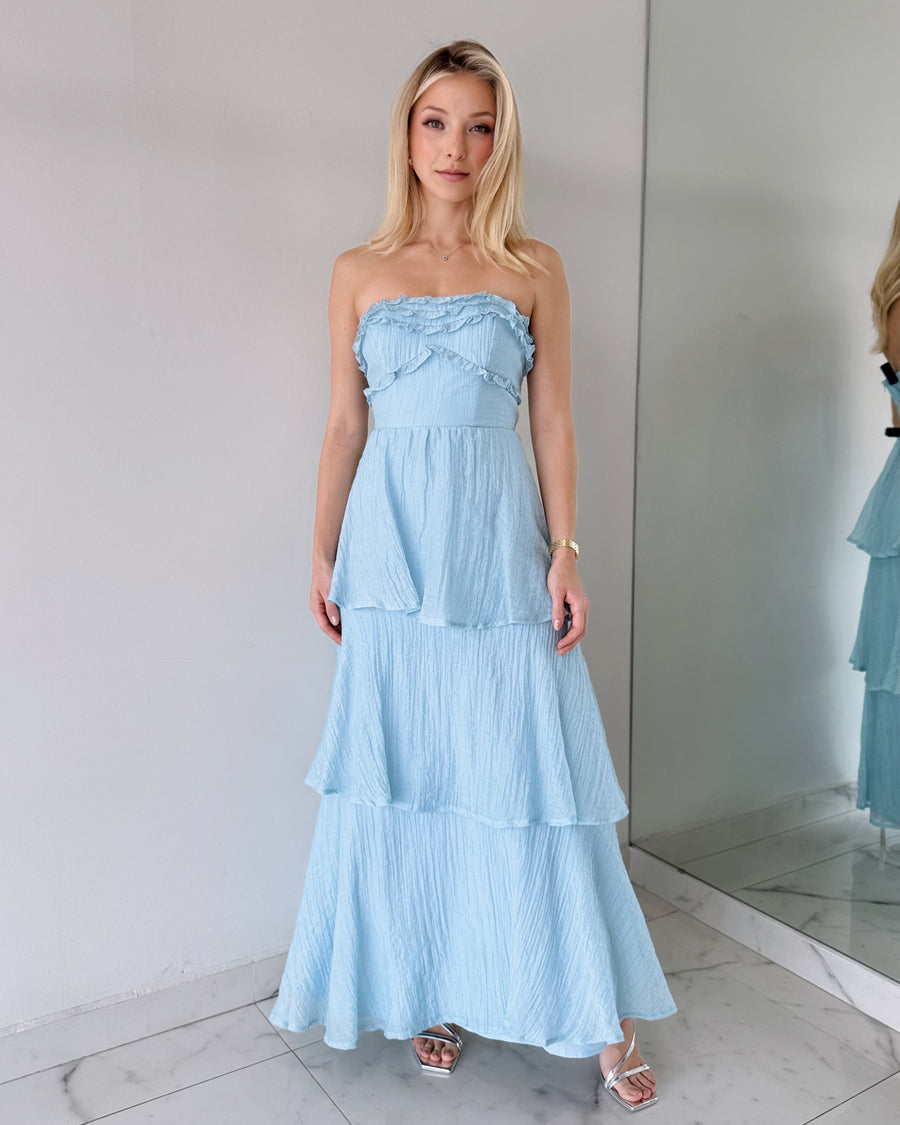 Baby Blue Strapless Ruffle Maxi Dress