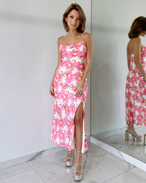 Pink Floral Open Leg Midi Dress