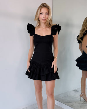 Black Ruffle Shoulder Pads Mini Dress