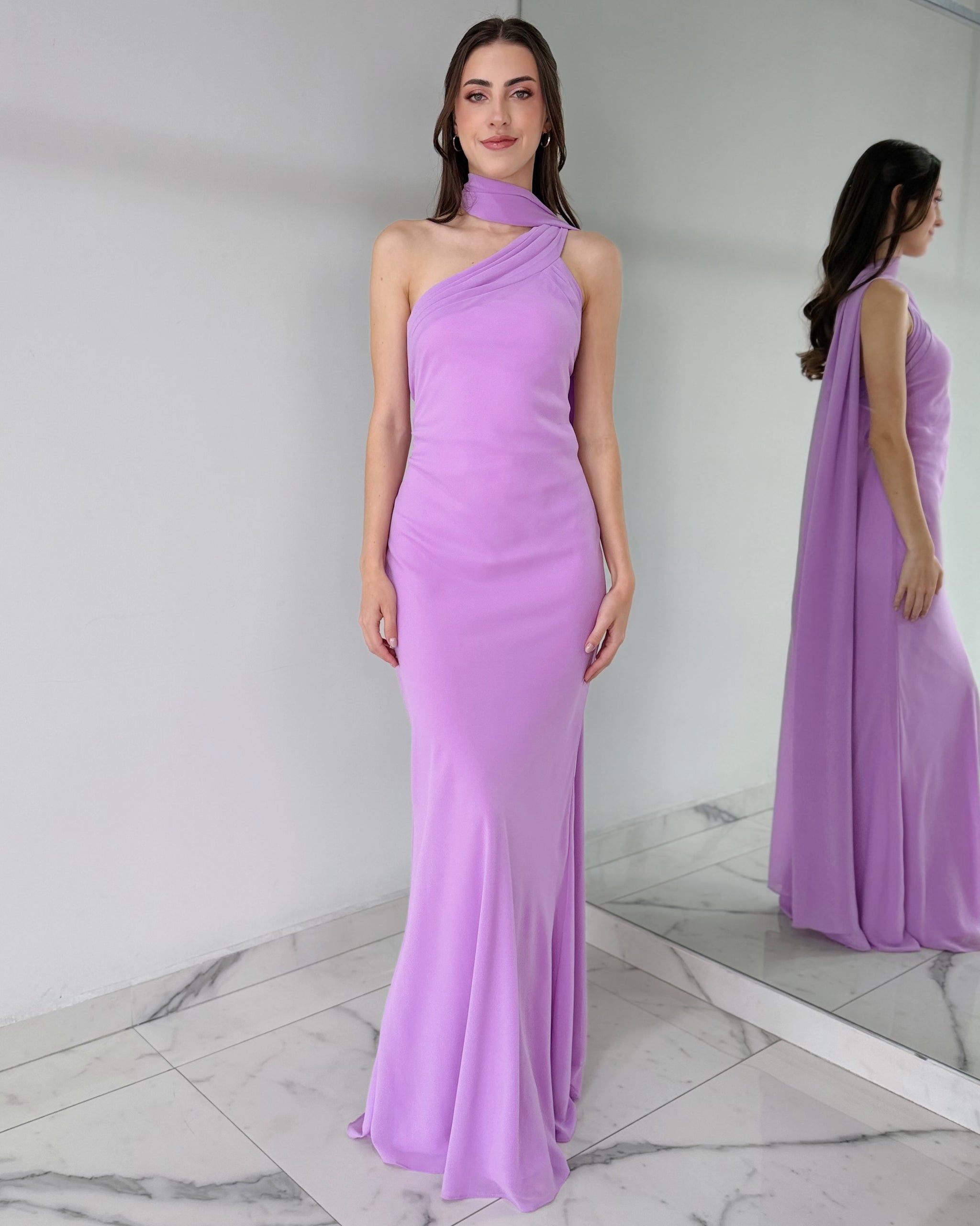 Lilac One Shoulder Choker Gown Dress