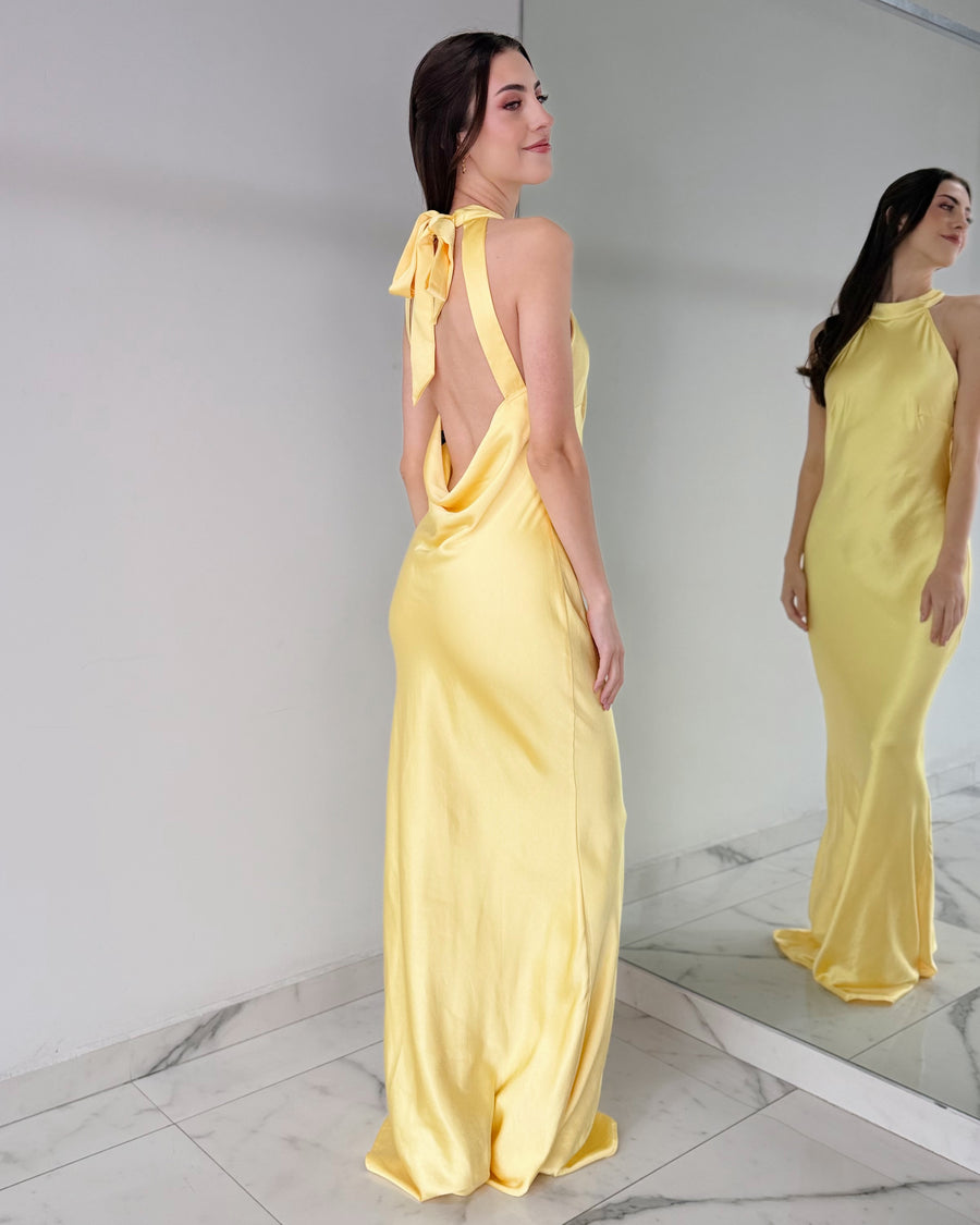 Yellow Silk Open Back Gown Dress
