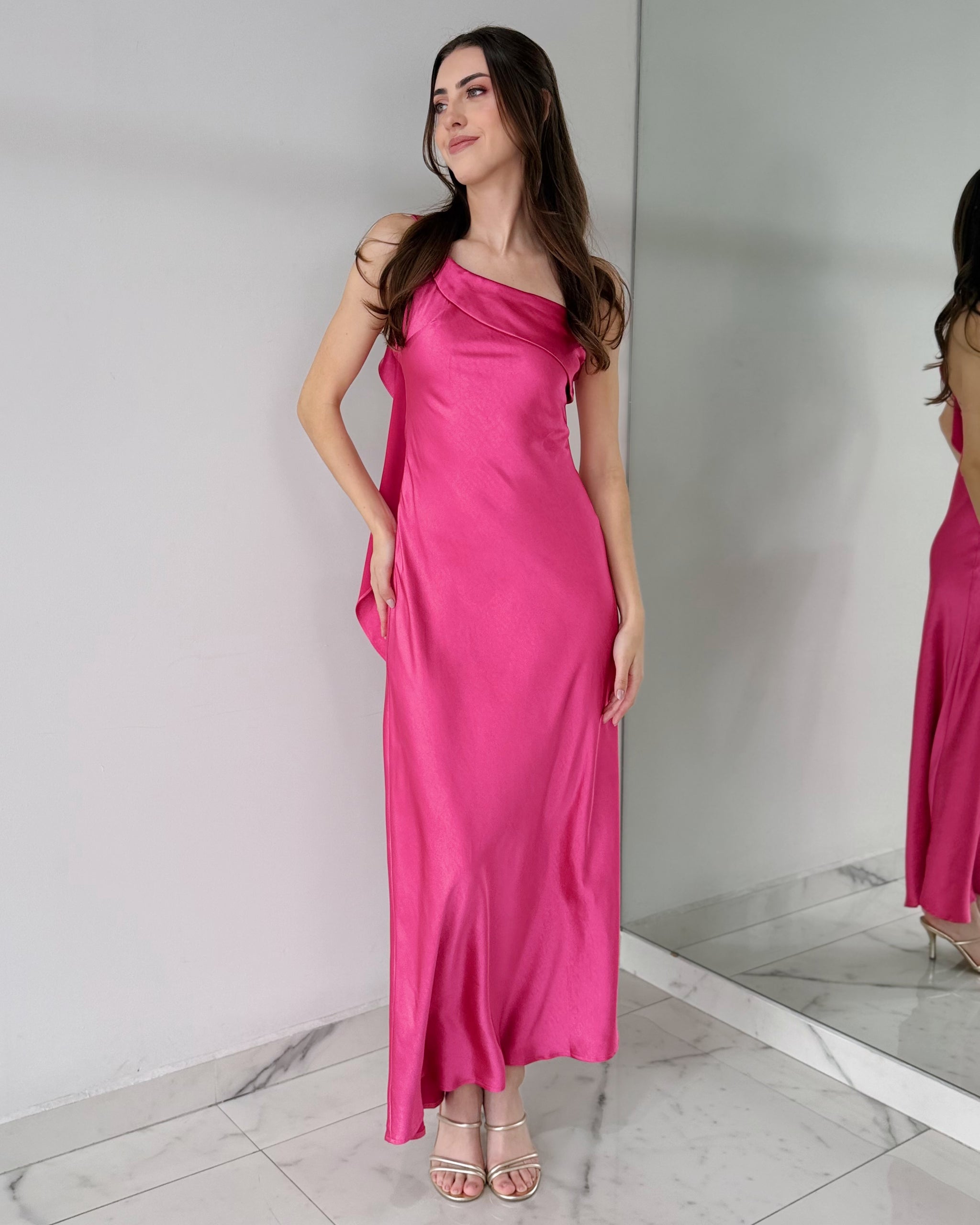Magenta One Shoulder Detail Maxi Dress