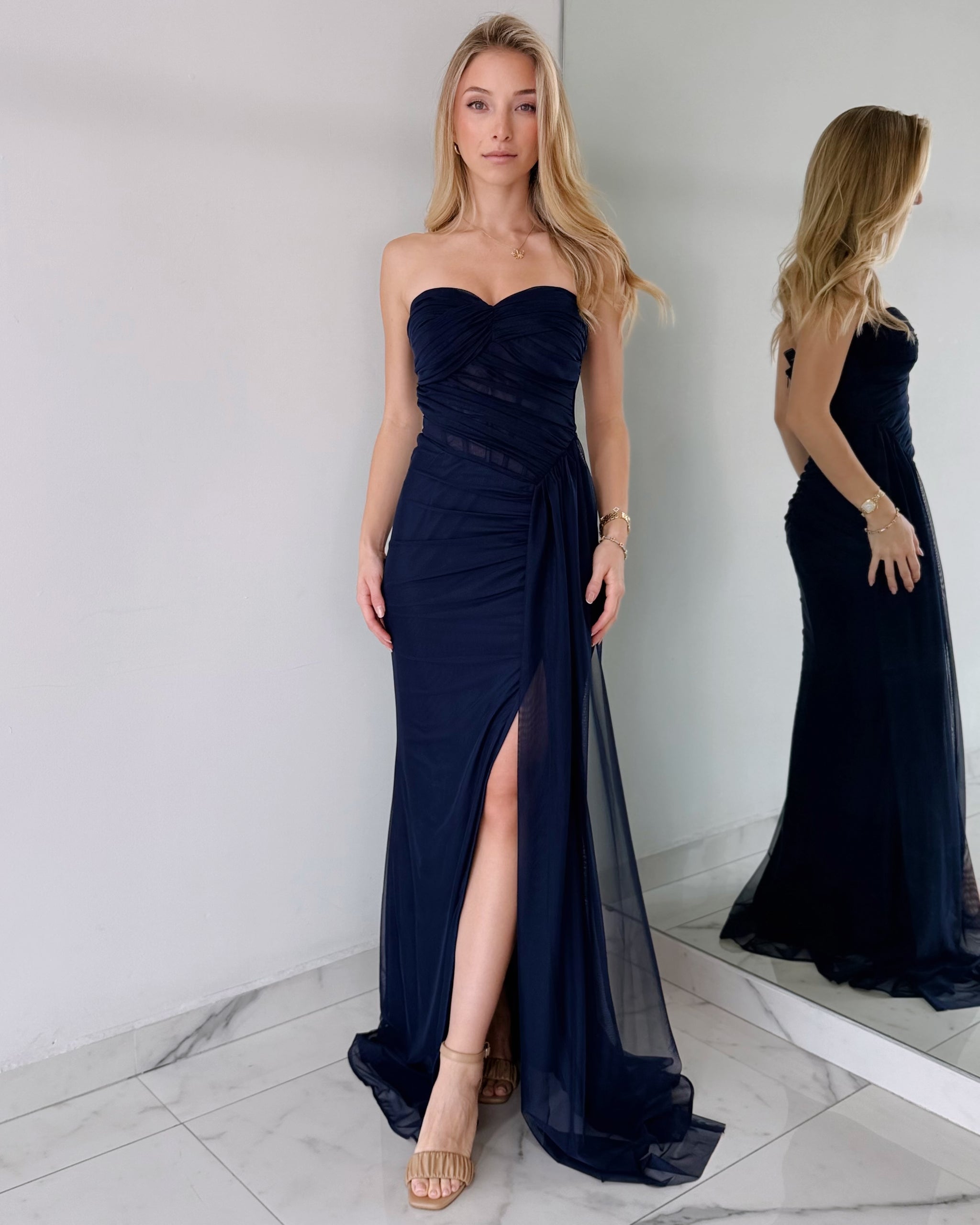 ⁠MF23128 Blue Navy Open Detail Gown Dress
