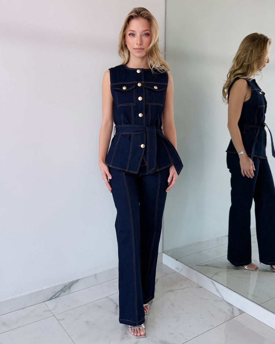 Blue Denim Top + Pant Two Piece Set