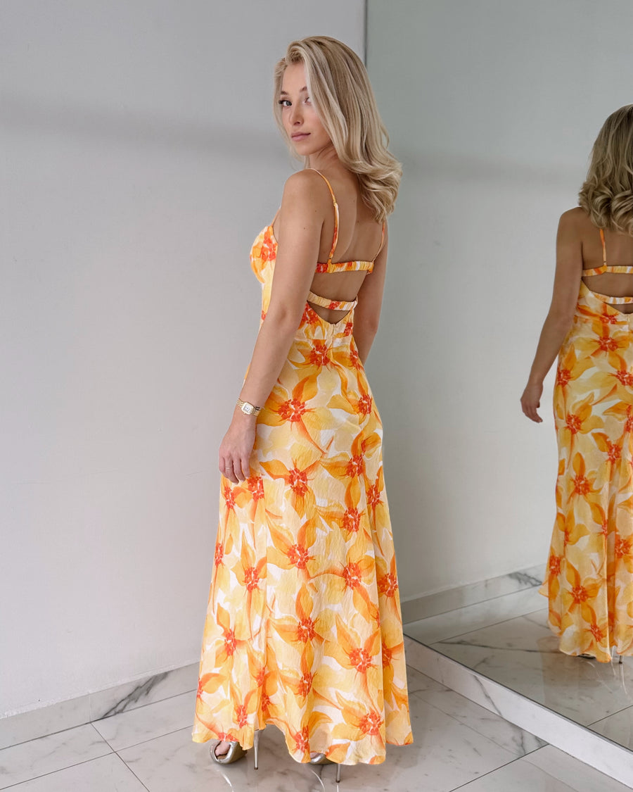 Yellow Orange Floral Open Back Maxi Dress