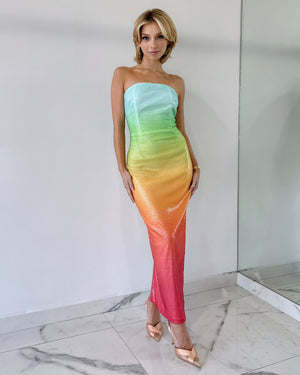 Rainbow Strapless Sequin Maxi Dress