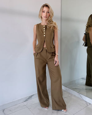 Olive Green Top + Pant Two Piece Set