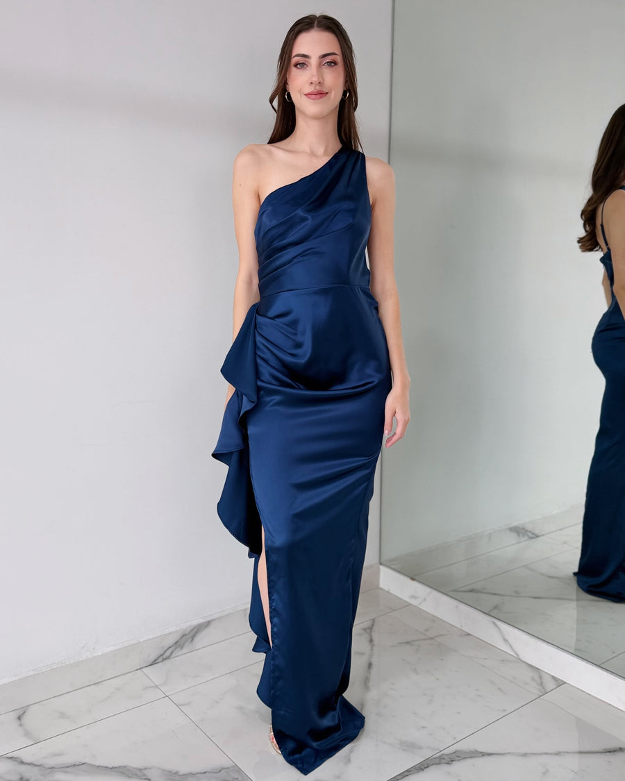 Blue Ruffle Open Leg Gown Dress