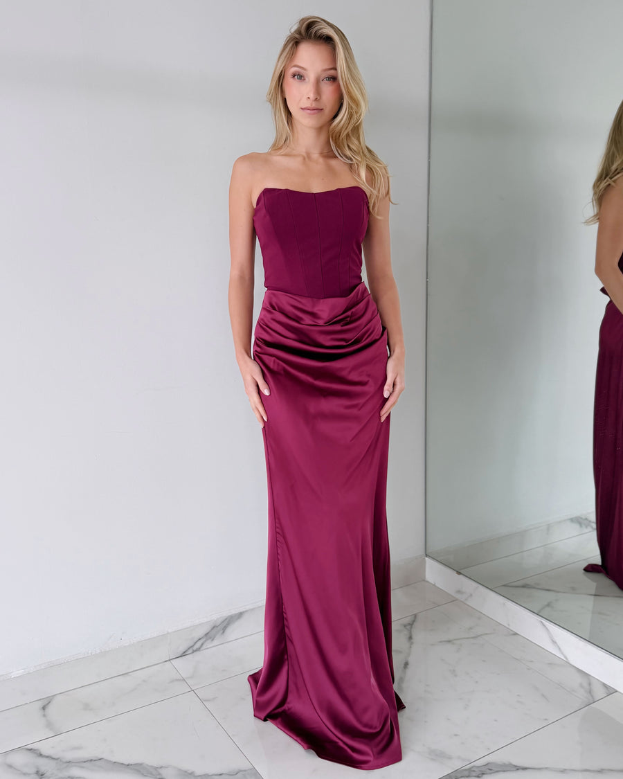 Wine Strapless Gown Dress