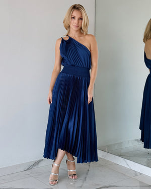 Blue Pleated One Shoulder Midi Dress