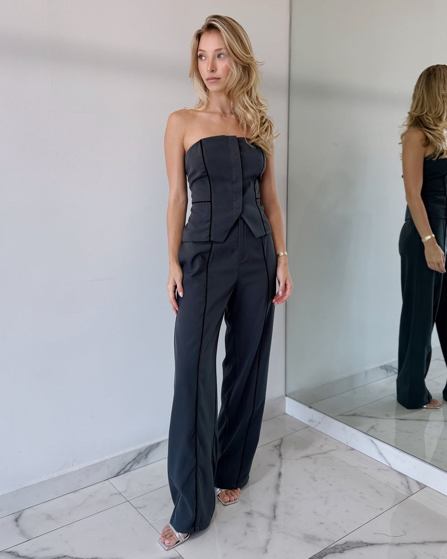 Gray Strapless Top + Pant Two Piece Set