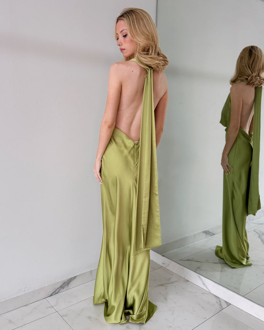 LD10664 Lime Open Back Gown Dress