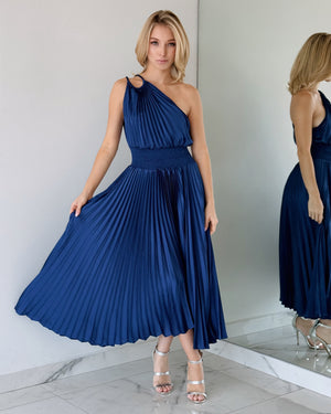 Blue Pleated One Shoulder Midi Dress