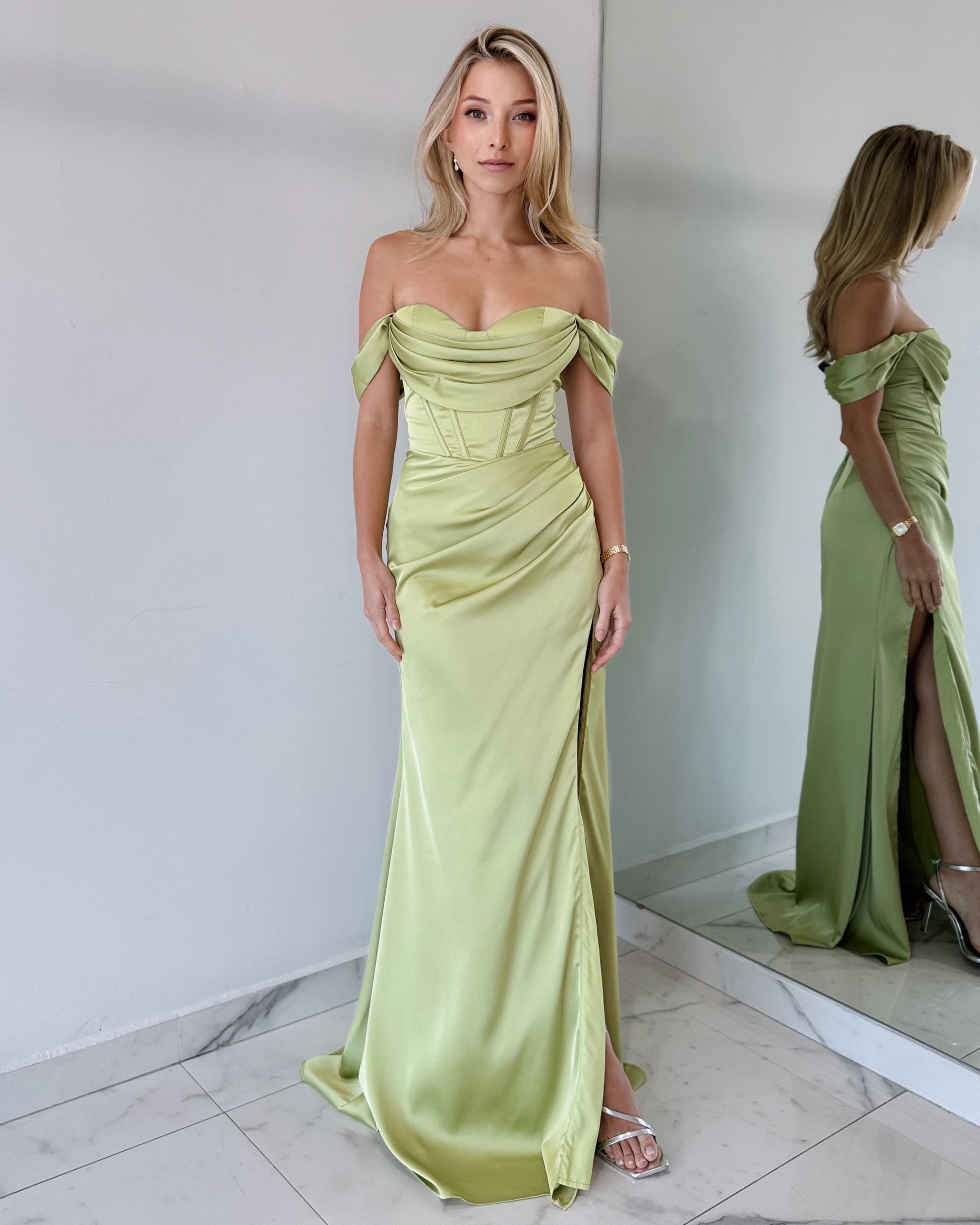 Light Green Strapless Off Shoulder Gown Dress - IKL BOUTIQUE Light Green Strapless Off Shoulder Gown Dress - IKL BOUTIQUE