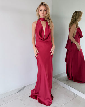 Burgundy Wine Halter Open Back Gown Dress