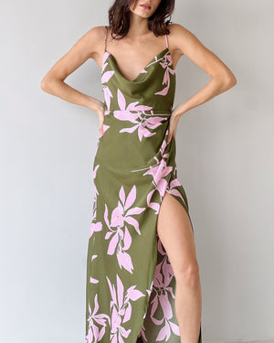 Green Floral Open Leg Midi Dress