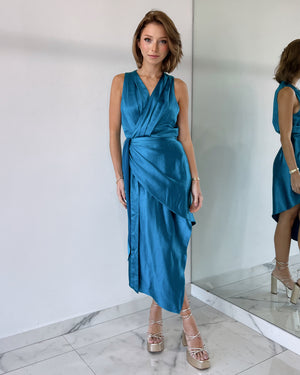 Blue Asymmetric Wrap Midi Dress