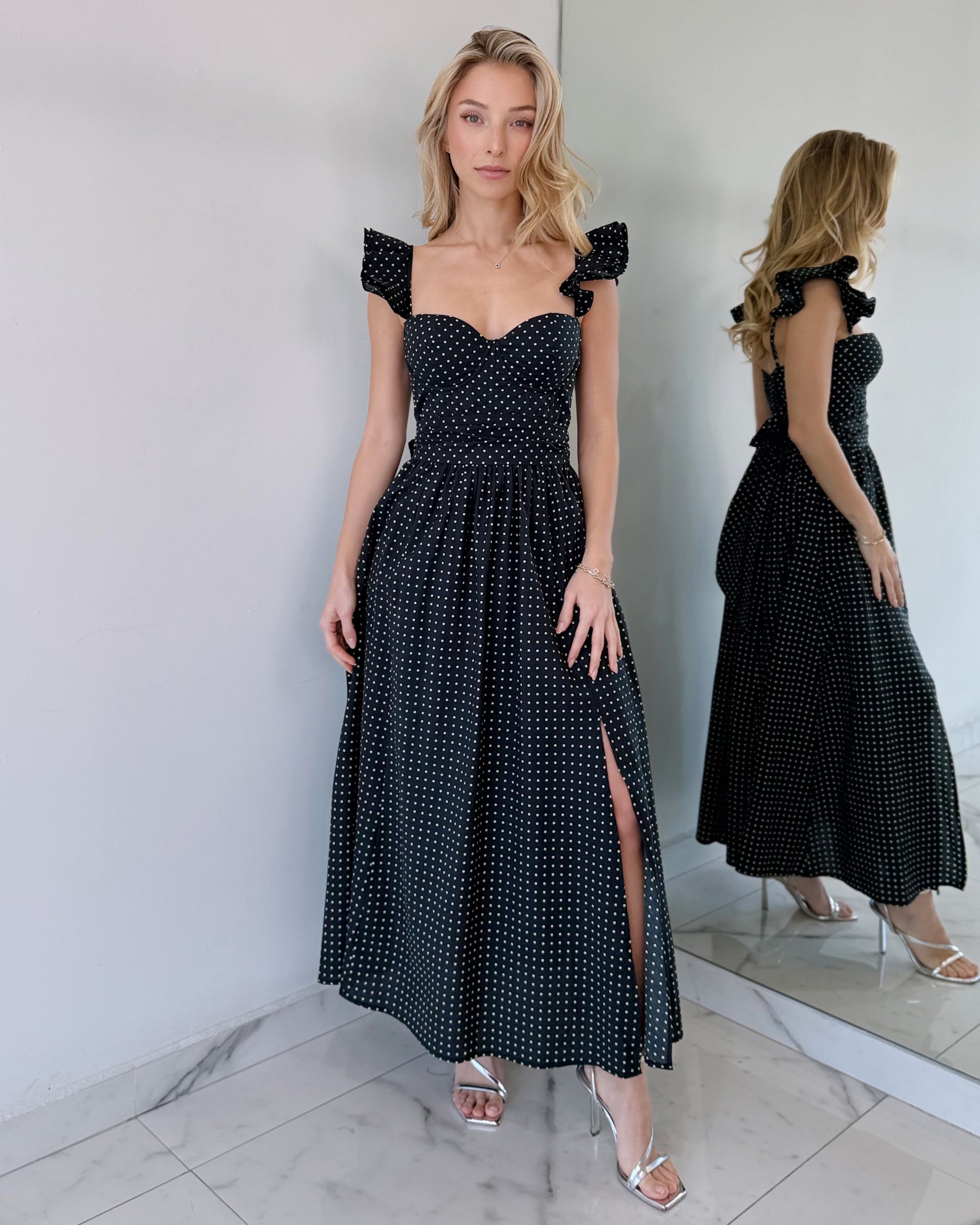 Black Pin Dots Ruffle Midi Dress