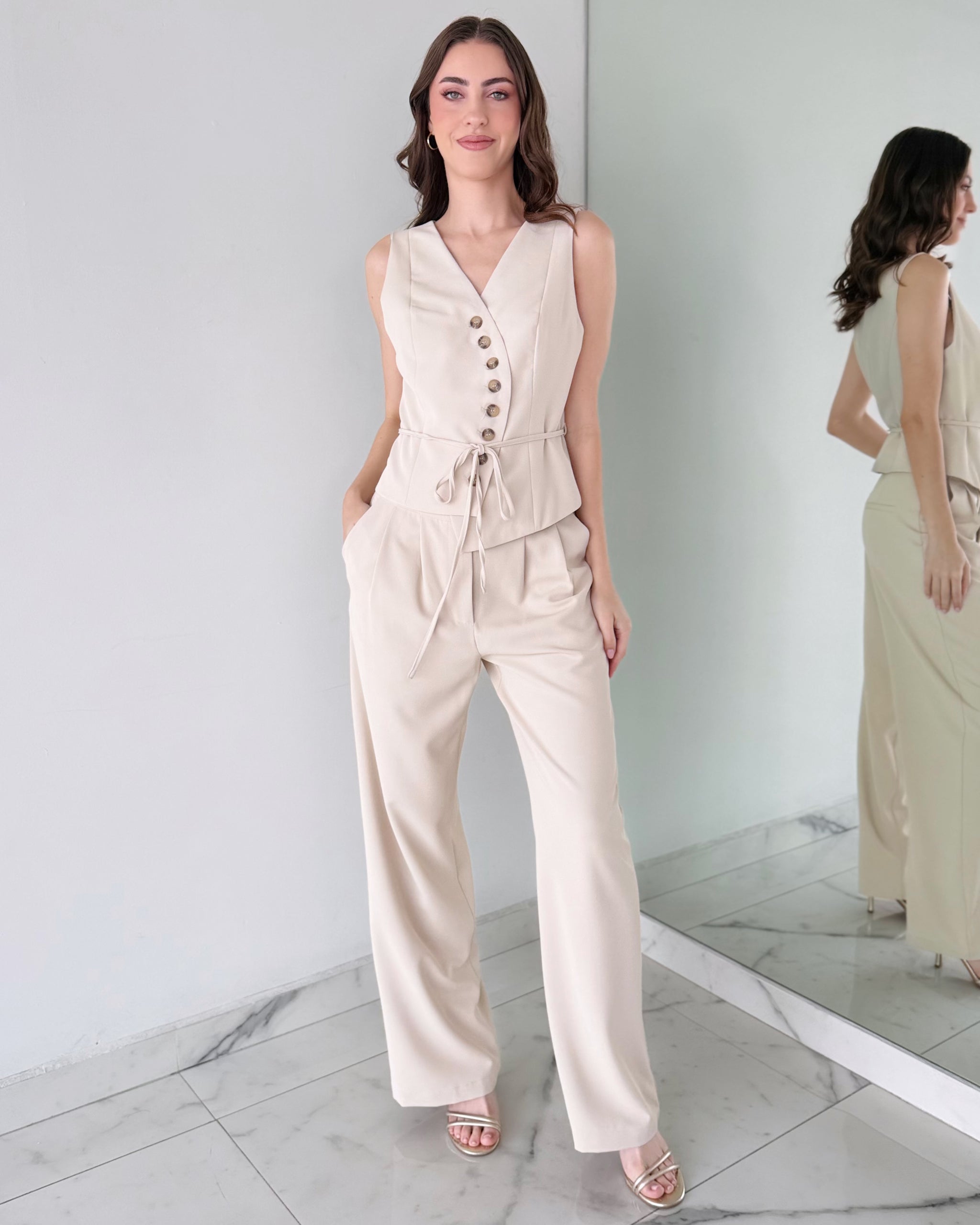 Nude Asymmetric Top + Pant Two Piece Set