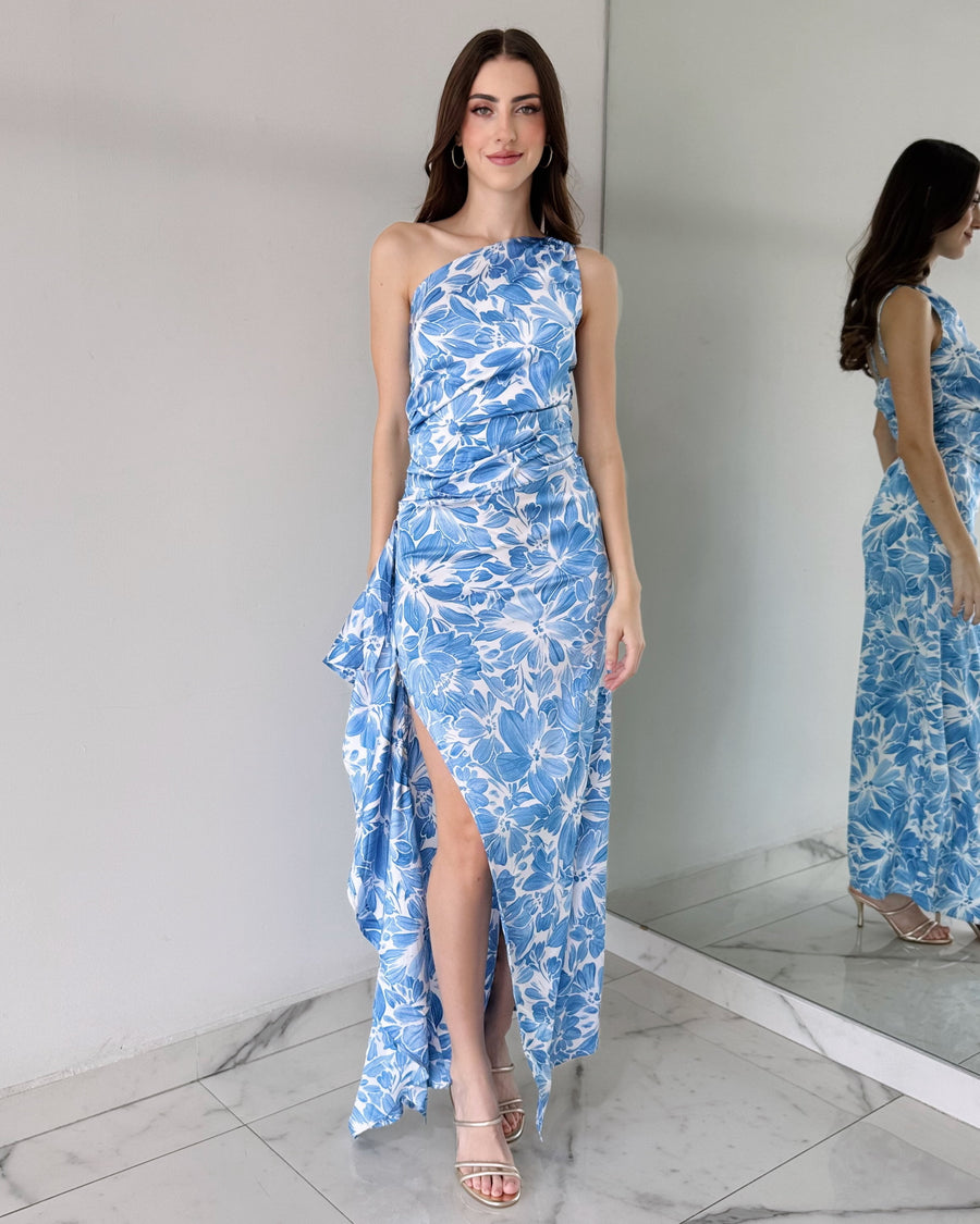 Baby Blue Print One Shoulder Ruffle Maxi Dress
