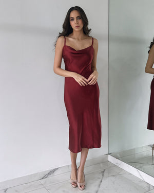 Wine Open Back Silk Midi Dress