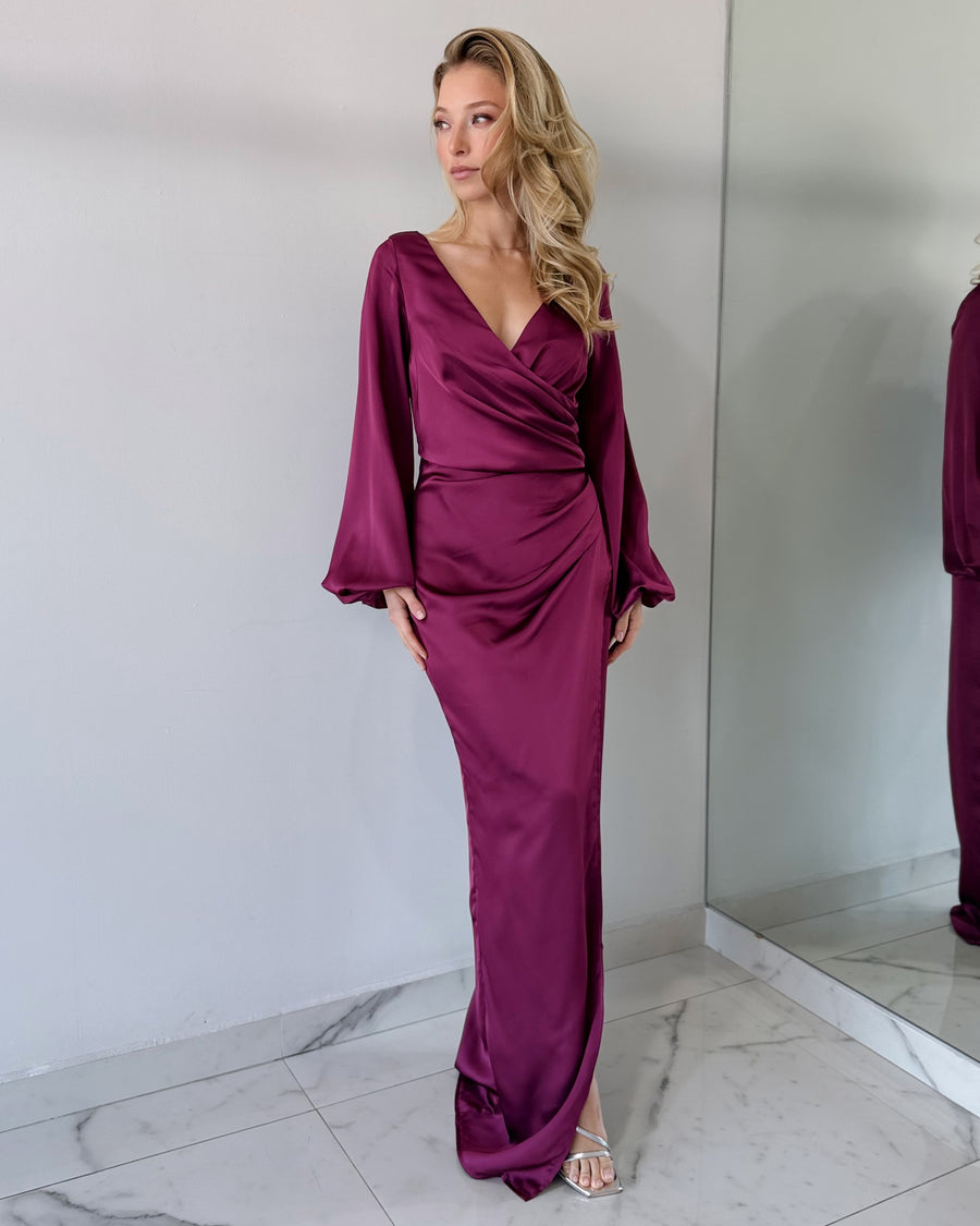 Berry Magenta Long Sleeve Gown Dress