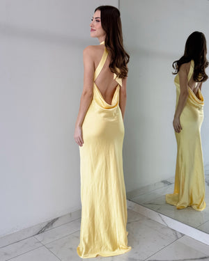 Butter Yellow Open Back Gown Dress