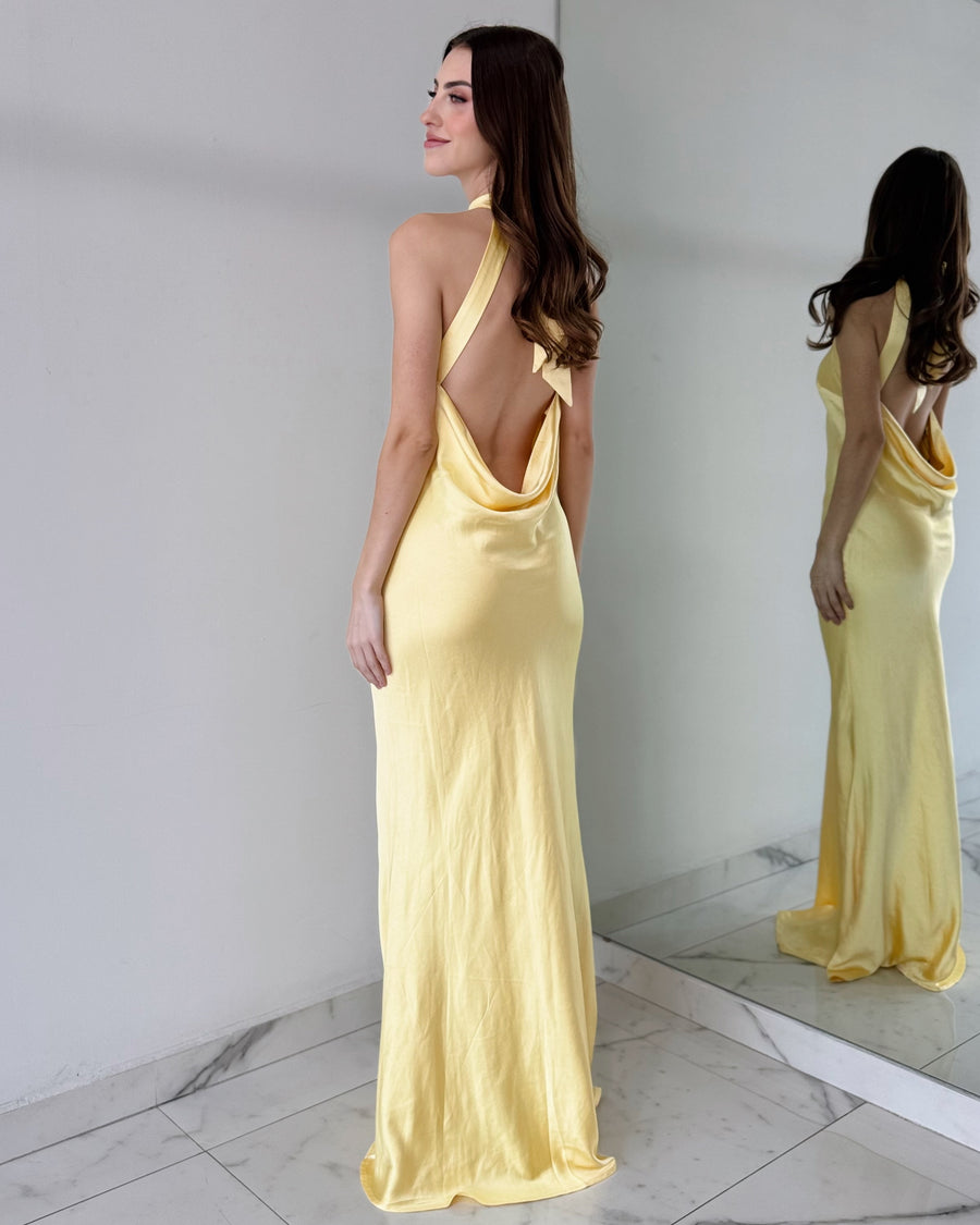 Butter Yellow Open Back Gown Dress