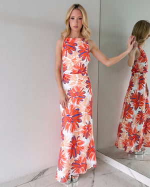 Orange Floral Open Back Maxi Dress