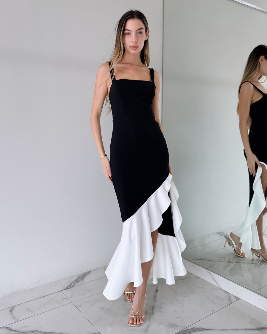 Black White Ruffle Midi Dress