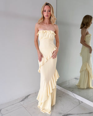 SD314 Baby Yellow Strapless Ruffle Gown Dress