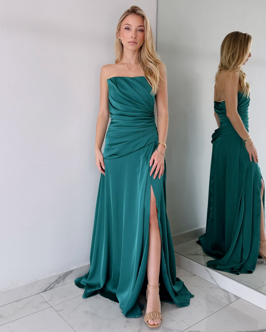 Green Emerald Strapless Open Detail Gown Dress