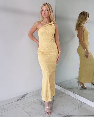 Yellow One Shoulder Bodycon Midi Dress