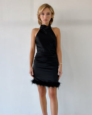 Black Feathers Silk Mini Dress