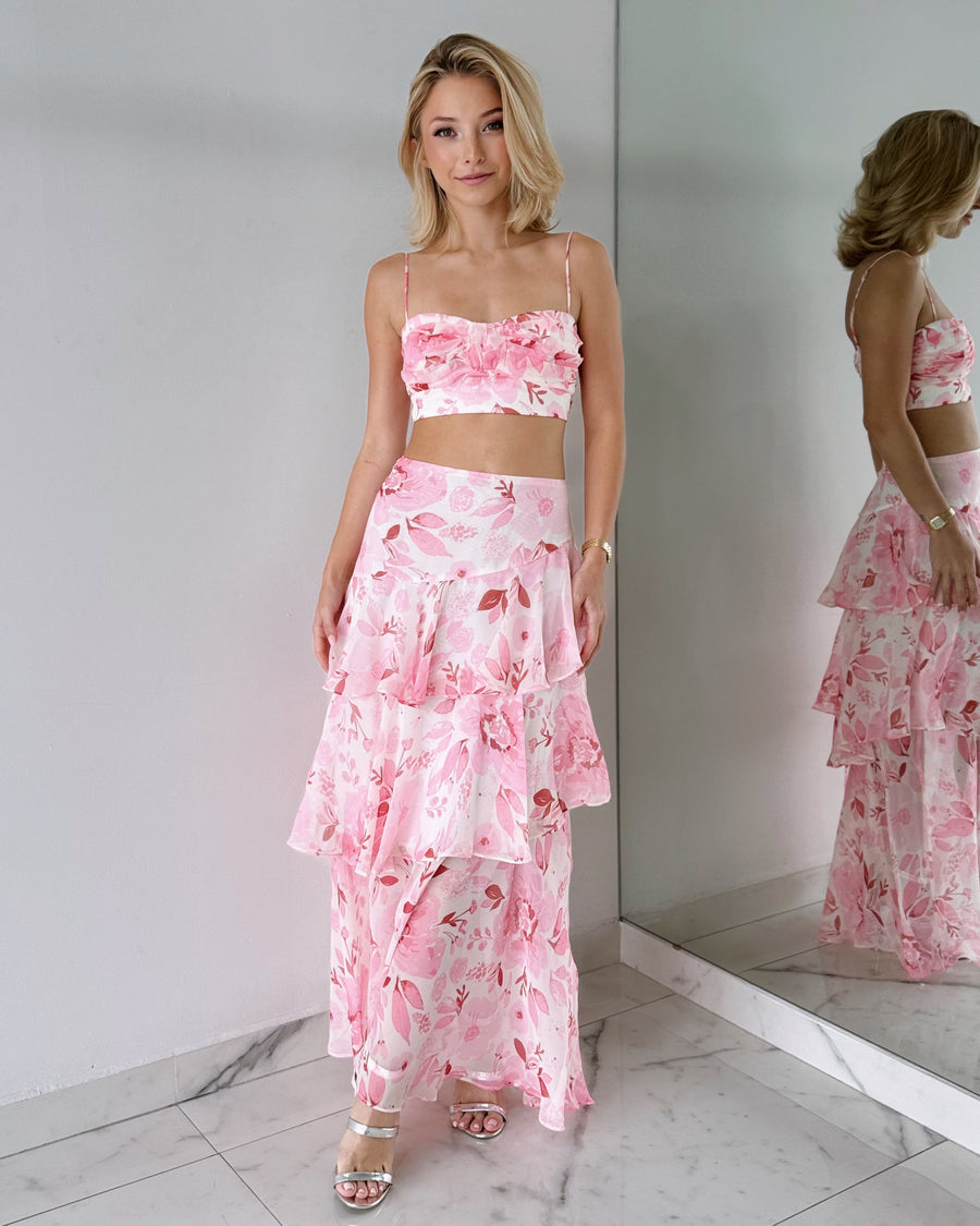 Pink Floral Two Piece Midi Dress Set