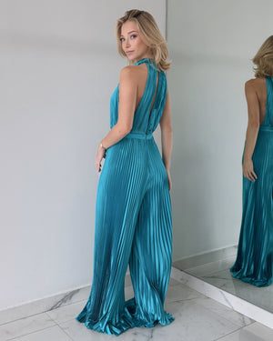 Blue Pleated Open Back Jumpsuit