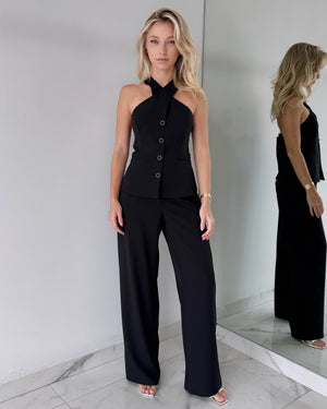 Black Halter Top + Pant Two Piece Set