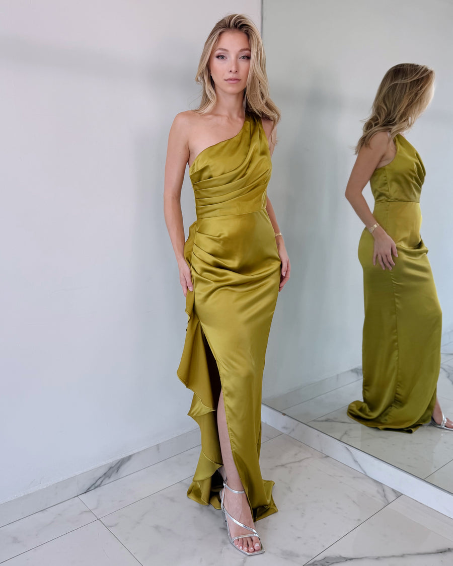 Lemon Green Ruffle Open Leg Maxi Dress