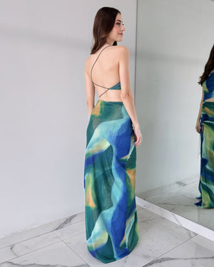 Blue Print One Shoulder Open Back Gown Dress