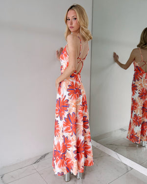Orange Floral Open Back Maxi Dress