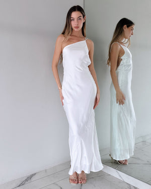White One Shoulder Pearl Maxi Dress