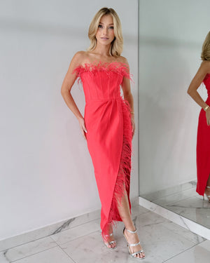 Salmon Feathers Strapless Bandage Midi Dress