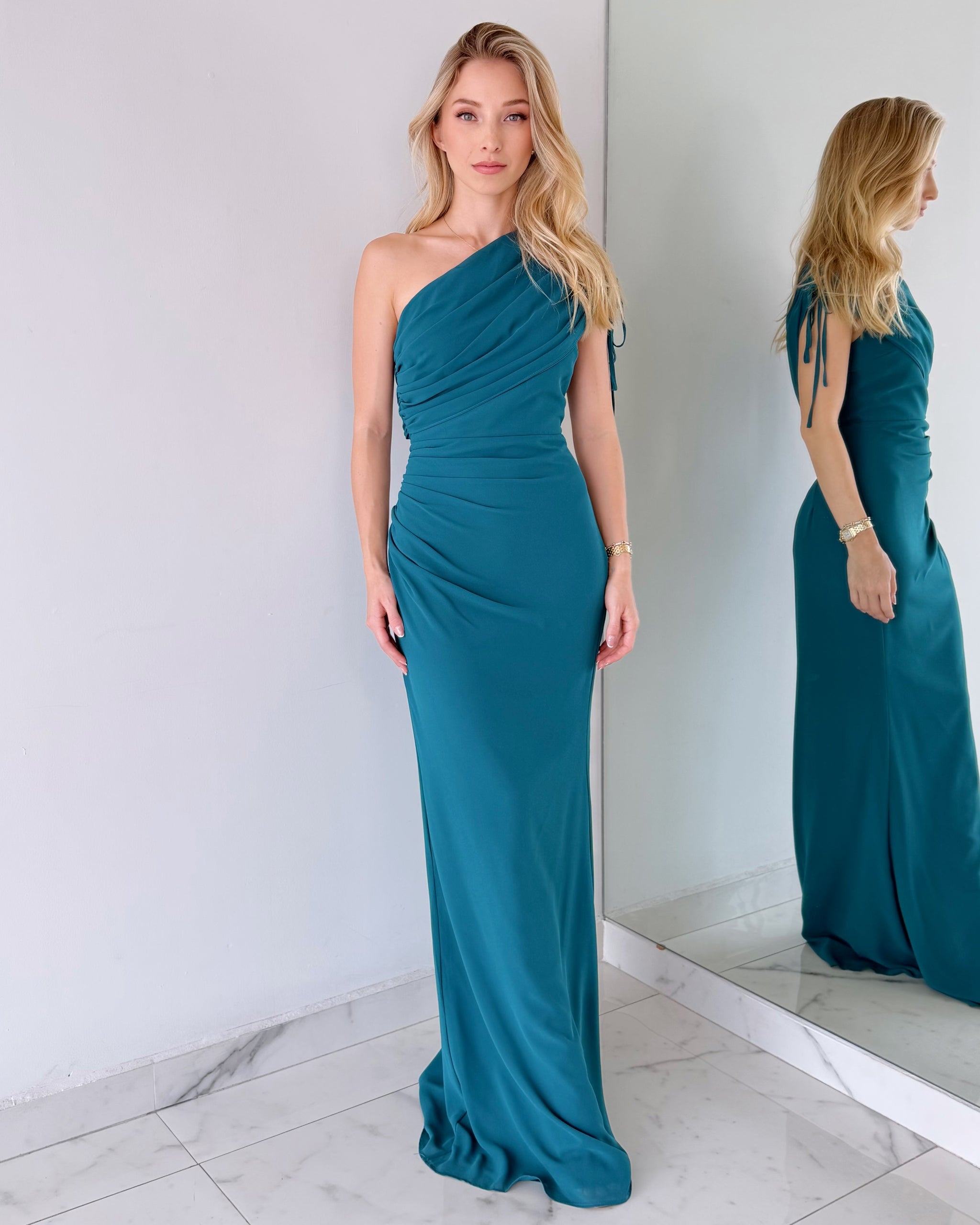 Blue Teal One Shoulder Gown Dress