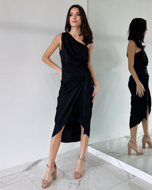 Black One Shoulder Midi Dress