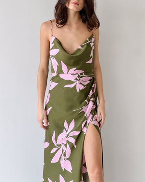 Green Floral Open Leg Midi Dress