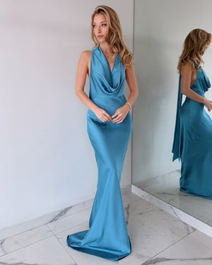 Baby Blue Halter Open Back Gown Dress