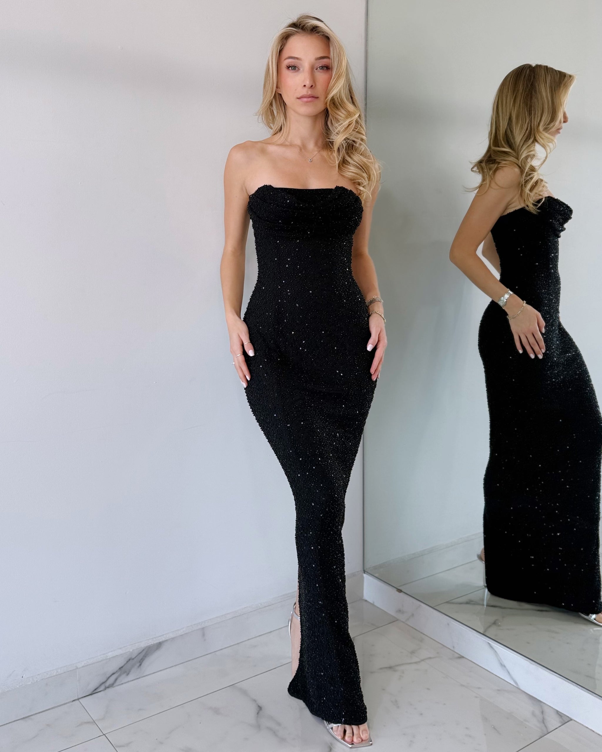 Black Strapless Pearl Gown Dress